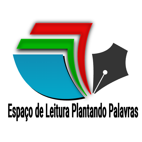 Imagem de fundo branco com três páginas coloridas de um livro sendo uma azul, verde e vermelha com a ponta de uma caneta tocando uma das folhas com o nome Espaço de Leitura Plantando Palavras logo abaixo da imagem