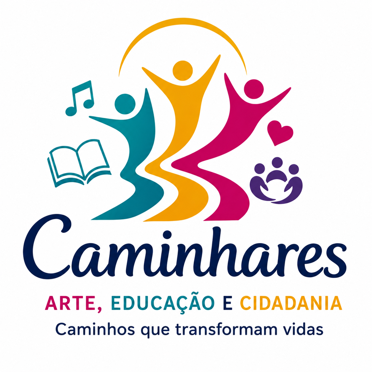 Logo colorido do Instituto Caminhares, com figuras humanas estilizadas representando movimento, inclusão e transformação, acompanhadas de símbolos da música, educação, leitura e comunidade. A identidade visual transmite a união entre arte, educação e cidadania, valores que orientam o projeto na transformação de vidas.